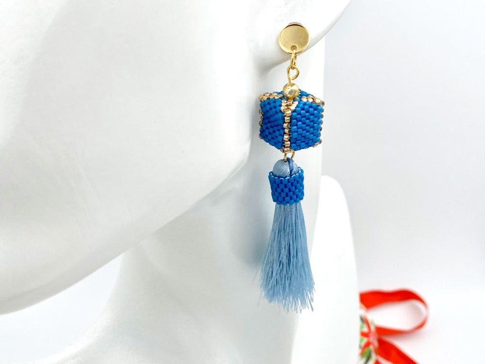 Handmade earrings in blue hues with cubic beads crafted in peyote technique accented with rayon tassels - Ornamentico shop