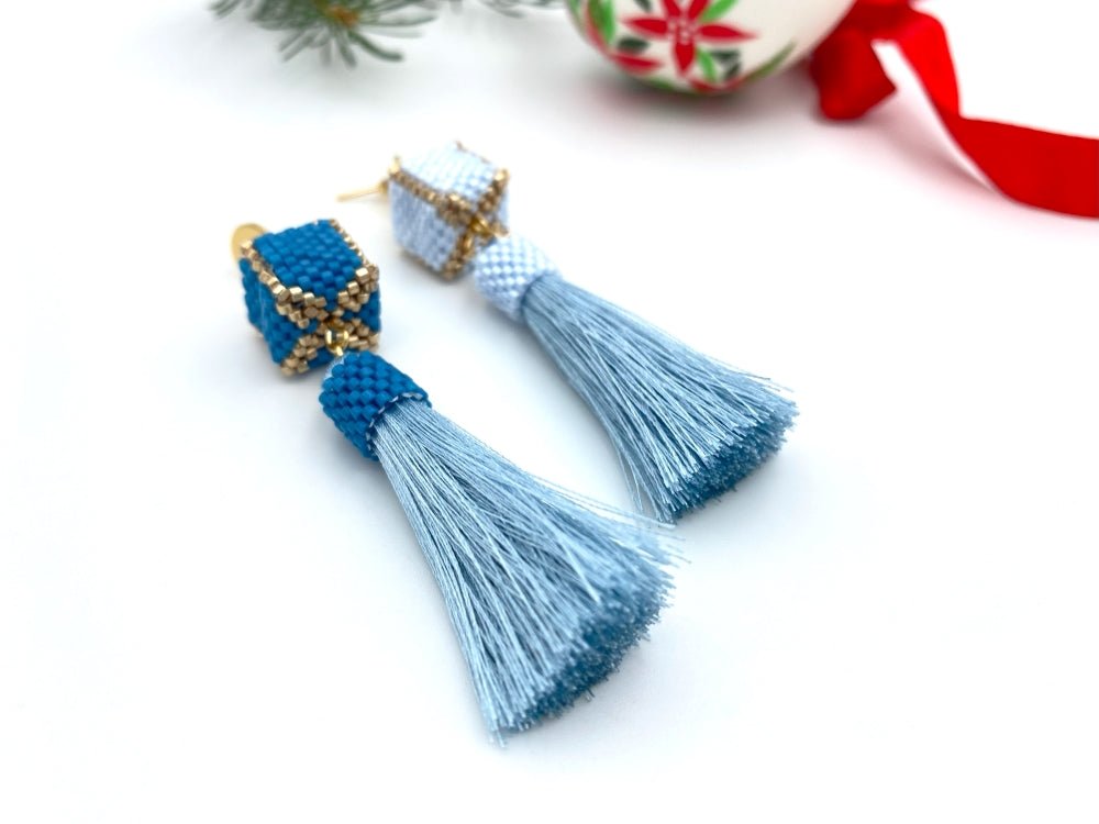 Handmade earrings in blue hues with cubic beads crafted in peyote technique accented with rayon tassels - Ornamentico shop