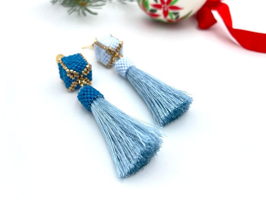 Handmade earrings in blue hues with cubic beads crafted in peyote technique accented with rayon tassels - Ornamentico shop