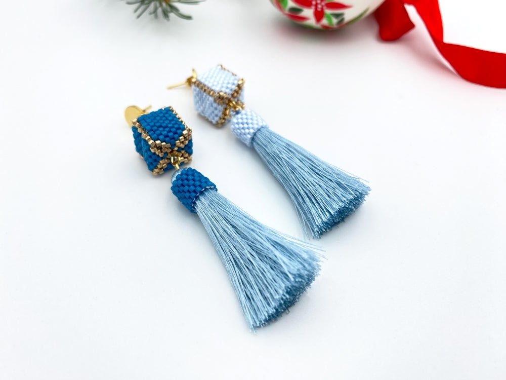 Handmade earrings in blue hues with cubic beads crafted in peyote technique accented with rayon tassels - Ornamentico shop