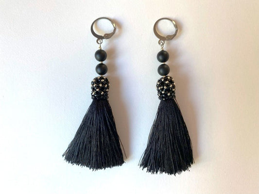 Handmade earrings are crafted from black tassels, covered with a floral cap made from Miyuki beads - Ornamentico shop