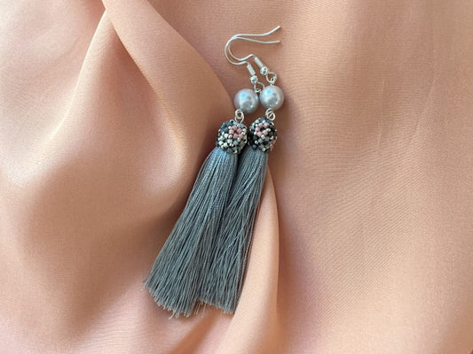 Handmade earrings are crafted from silver grey tassel which is covered with a floral cap from beads - Ornamentico shop
