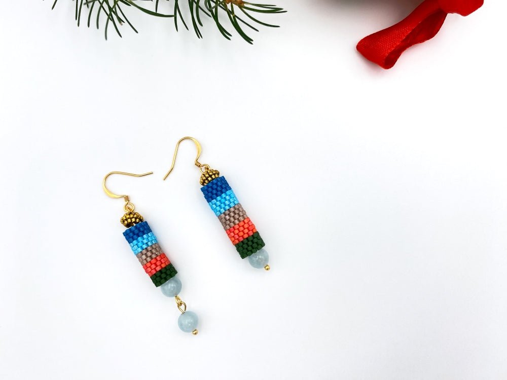 Handmade earrings from Japanese Miyuki beads in peyote technique and accented with aquamarine stones - Ornamentico shop