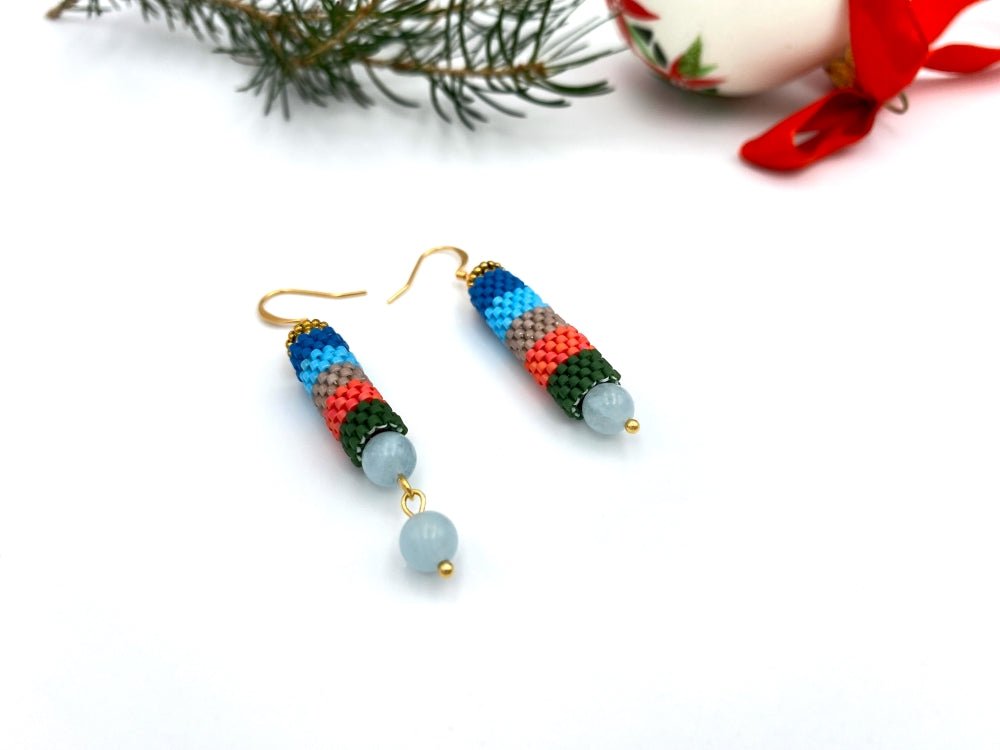 Handmade earrings from Japanese Miyuki beads in peyote technique and accented with aquamarine stones - Ornamentico shop