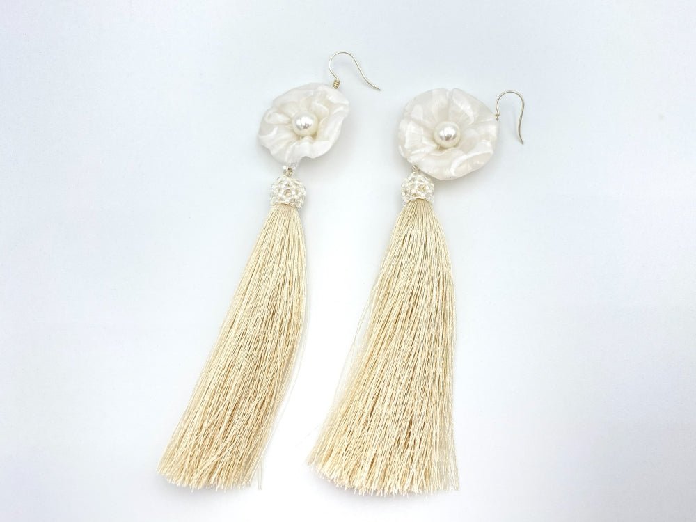 Handmade earrings with malva flower made from polymer clay decorated with river pearl and rayon tassel - Ornamentico shop
