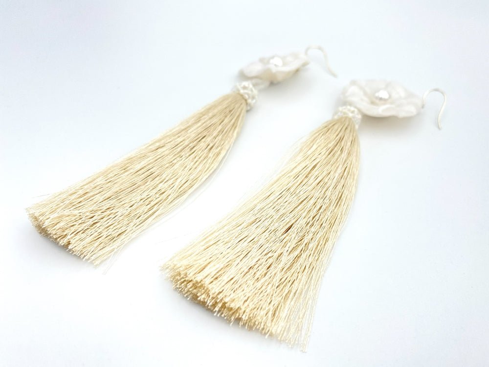 Handmade earrings with malva flower made from polymer clay decorated with river pearl and rayon tassel - Ornamentico shop