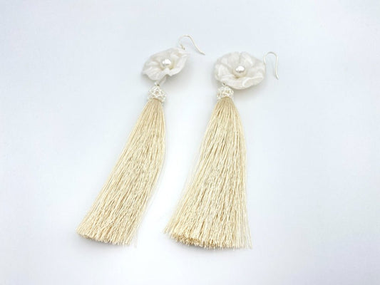 Handmade earrings with malva flower made from polymer clay decorated with river pearl and rayon tassel - Ornamentico shop