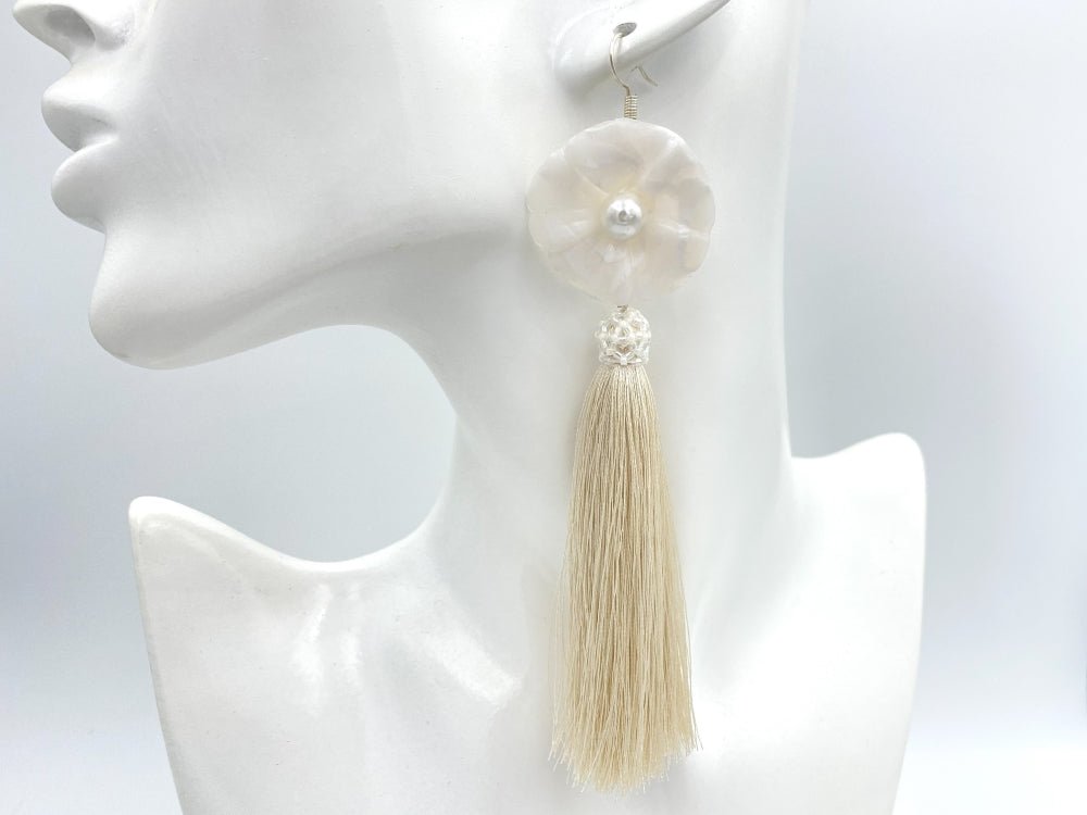 Handmade earrings with malva flower made from polymer clay decorated with river pearl and rayon tassel - Ornamentico shop