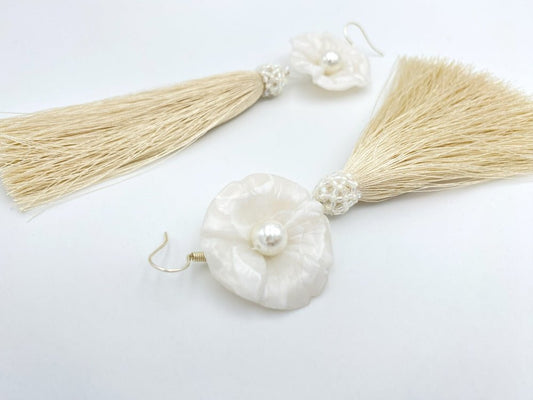 Handmade earrings with malva flower made from polymer clay decorated with river pearl and rayon tassel - Ornamentico shop