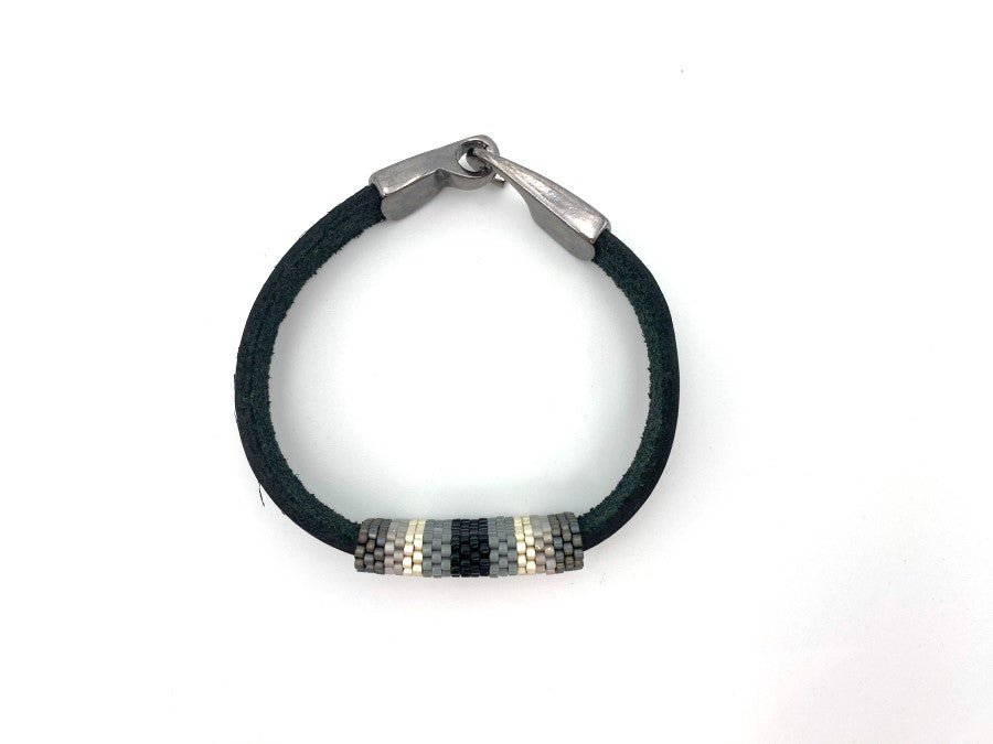 Handmade leather men's bracelet with colorful beaded inlay - Ornamentico shop