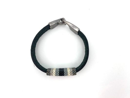 Handmade leather men's bracelet with colorful beaded inlay - Ornamentico shop