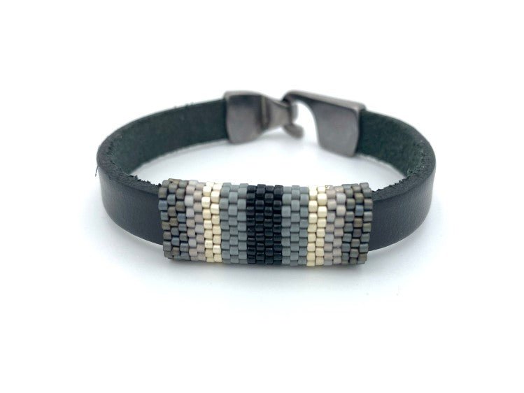 Handmade leather men's bracelet with colorful beaded inlay - Ornamentico shop