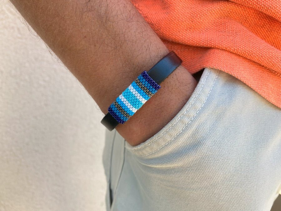 Handmade leather men's bracelet with colorful beaded inlay - Ornamentico shop