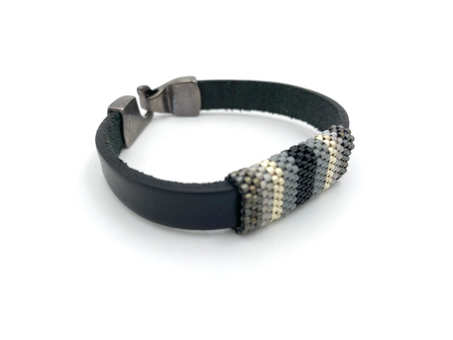 Handmade leather men's bracelet with colorful beaded inlay - Ornamentico shop