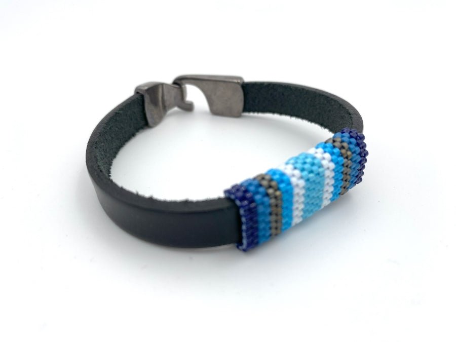 Handmade leather men's bracelet with colorful beaded inlay - Ornamentico shop