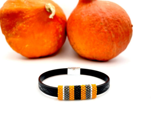 Leather men's or unisex bracelet with beaded inlay for Halloween - Ornamentico shop