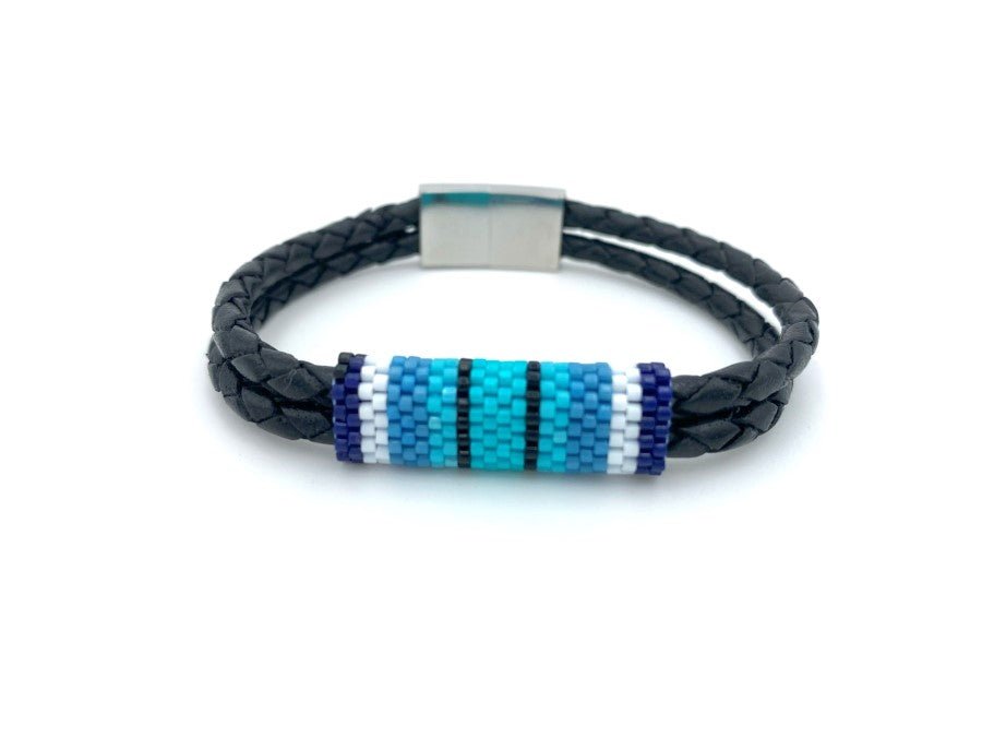 Handmade men's bracelet made from braided leather and decorated with beaded inlay - Ornamentico shop