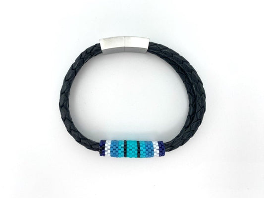 Handmade men's bracelet made from braided leather and decorated with beaded inlay - Ornamentico shop