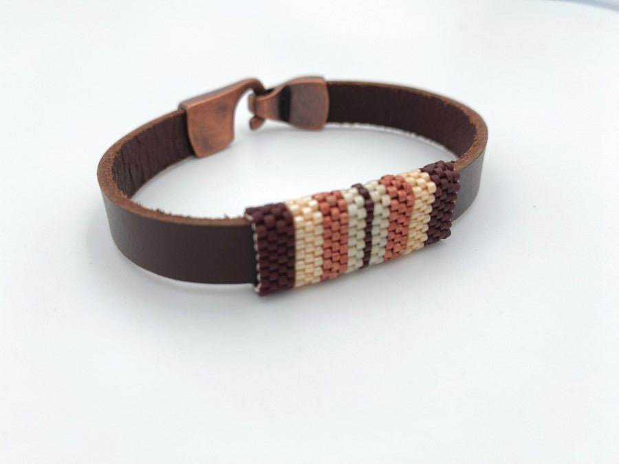 Handmade leather men's bracelet with beaded inlay - Ornamentico shop