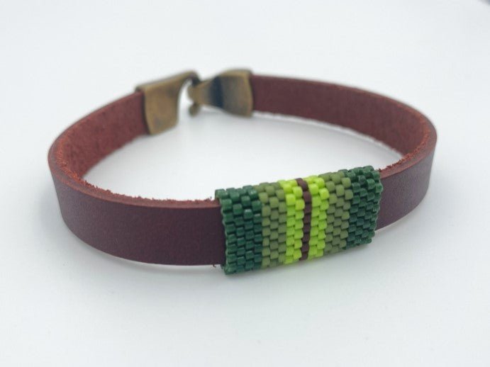 Handmade leather men's bracelet with beaded inlay - Ornamentico shop