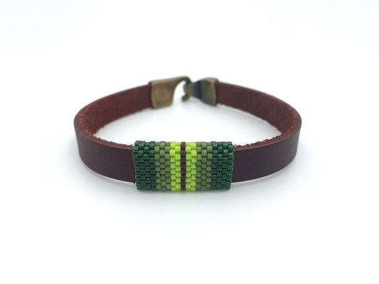 Handmade leather men's  bracelet with beaded inlay - Ornamentico shop