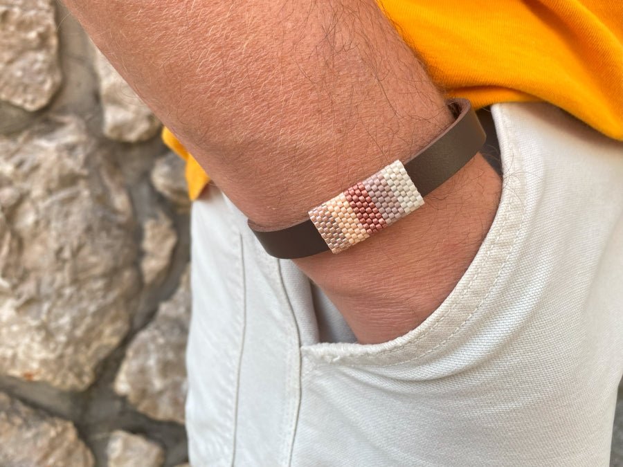 Handmade leather men's bracelet with beaded inlay - Ornamentico shop