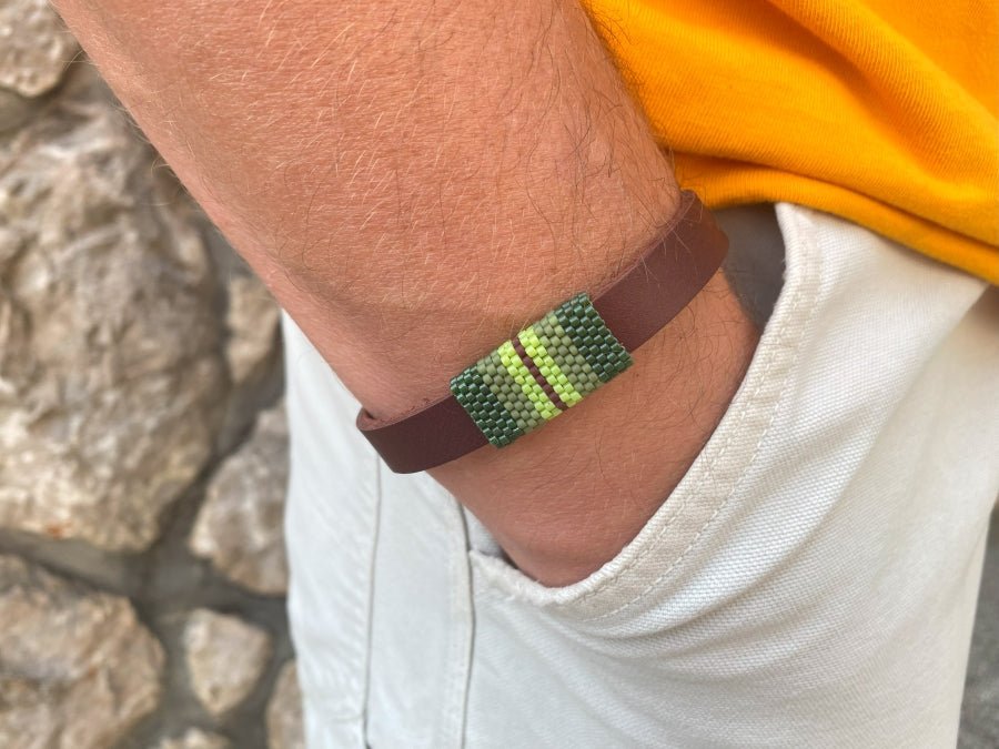 Handmade leather men's bracelet with beaded inlay - Ornamentico shop