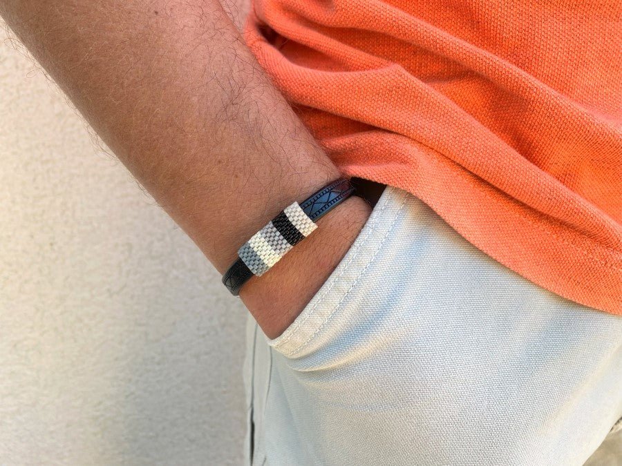 Handmade men's leather bracelet complimented with Peyote style inlay crafted from Japanese beads Miyuki - Ornamentico shop