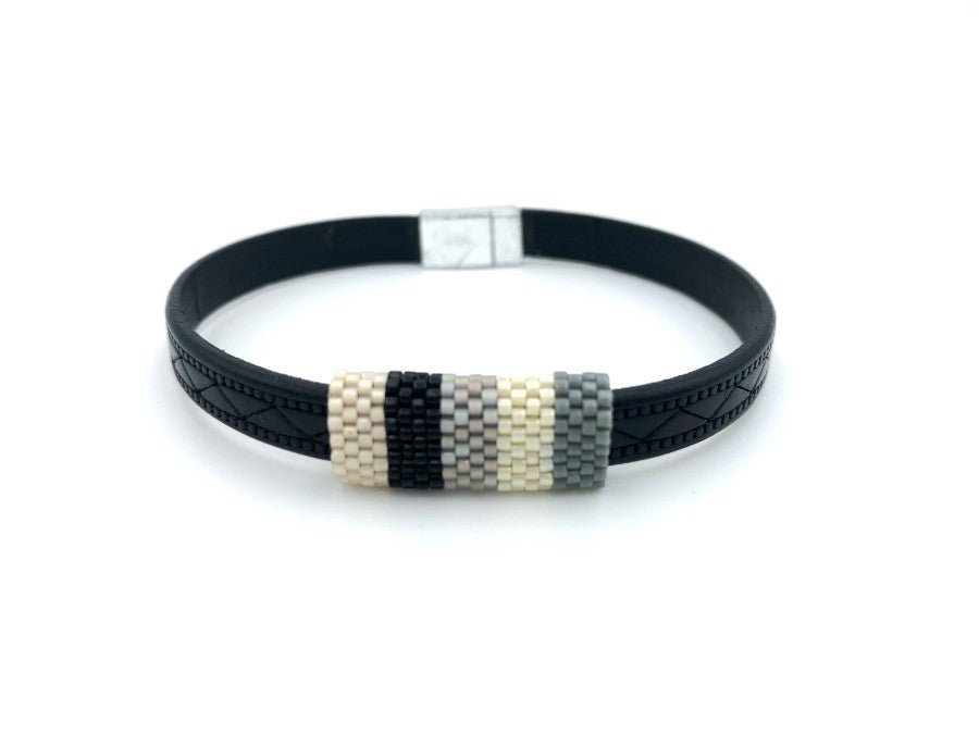 Handmade men's leather bracelet complimented with Peyote style inlay crafted from Japanese beads Miyuki - Ornamentico shop