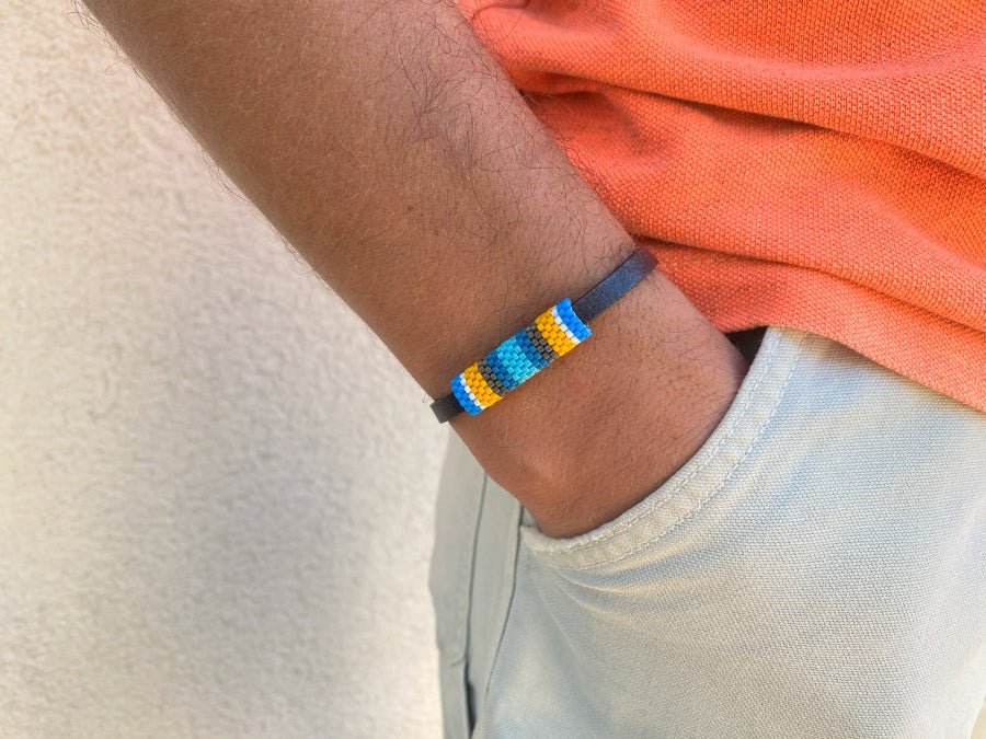 Men's bracelet from leather complimented with Peyote style inlay crafted from Japanese beads Miyuki - Ornamentico shop