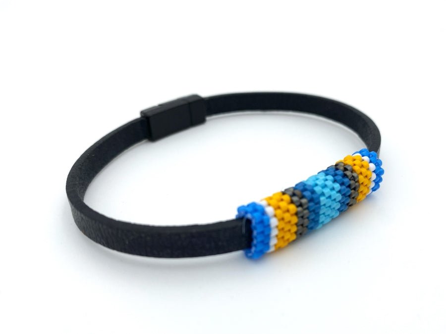 Men's bracelet from leather complimented with Peyote style inlay crafted from Japanese beads Miyuki - Ornamentico shop