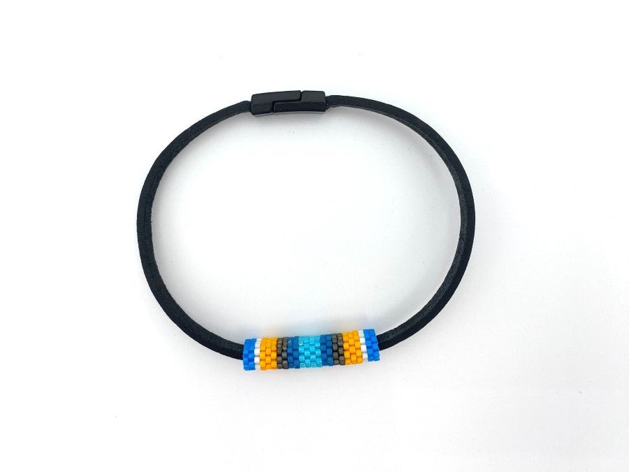 Men's bracelet from leather complimented with Peyote style inlay crafted from Japanese beads Miyuki - Ornamentico shop