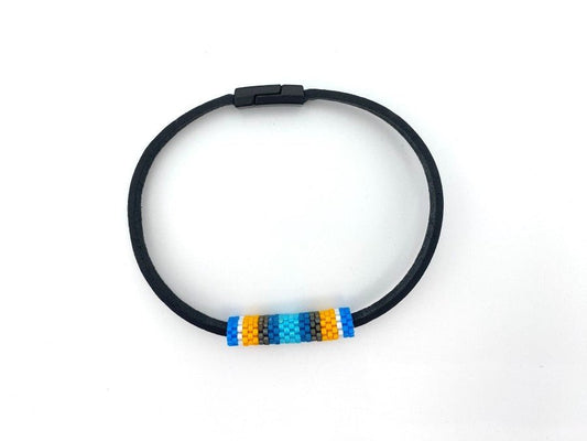 Men's bracelet from leather complimented with Peyote style inlay crafted from Japanese beads Miyuki - Ornamentico shop