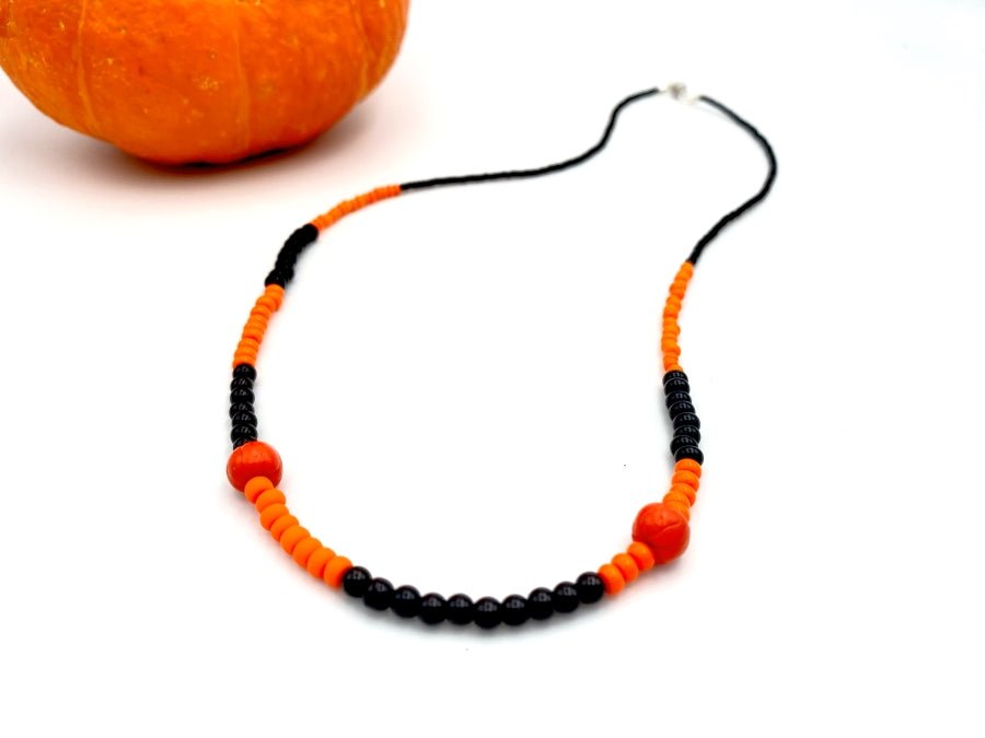 Handmade necklace from beads in black and orange colors with Halloween pumpkin beads - Ornamentico shop