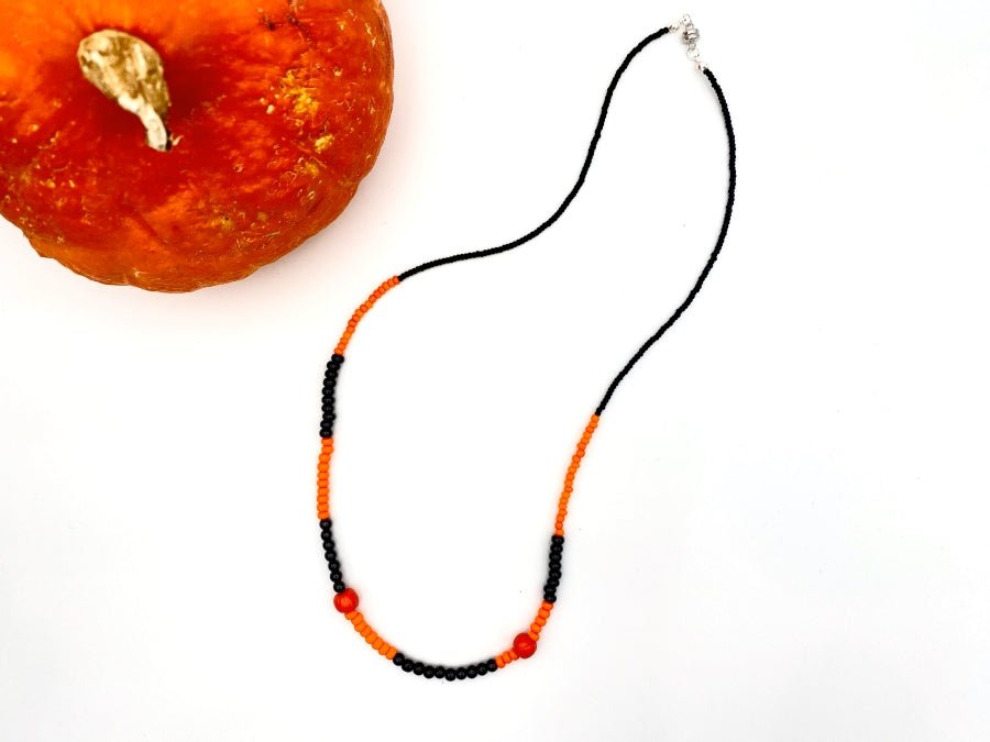 Handmade necklace from beads in black and orange colors with Halloween pumpkin beads - Ornamentico shop