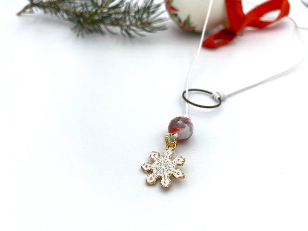 Handmade wrap necklace with enameled charm and a hand made polymer clay bead in Holiday Season colors - Ornamentico shop