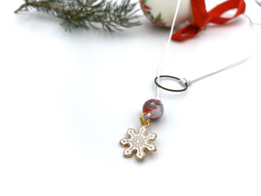 Handmade wrap necklace with enameled charm and a hand made polymer clay bead in Holiday Season colors - Ornamentico shop