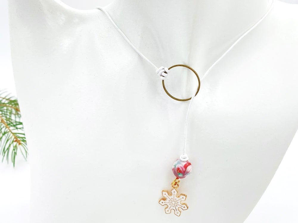 Handmade wrap necklace with enameled charm and a hand made polymer clay bead in Holiday Season colors - Ornamentico shop