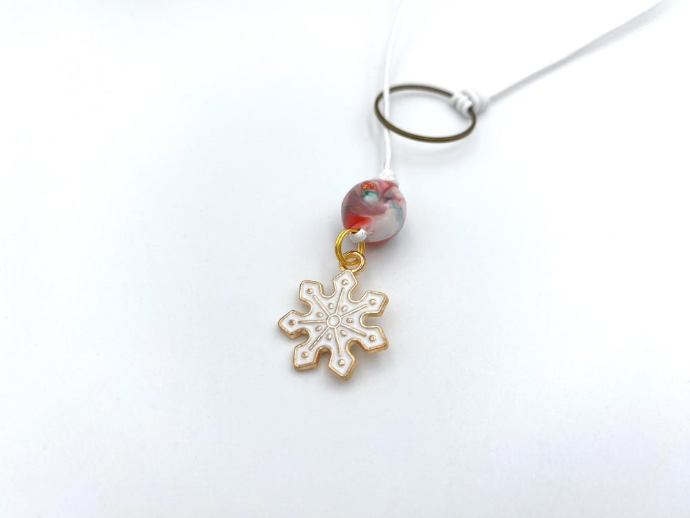 Handmade wrap necklace with enameled charm and a hand made polymer clay bead in Holiday Season colors - Ornamentico shop