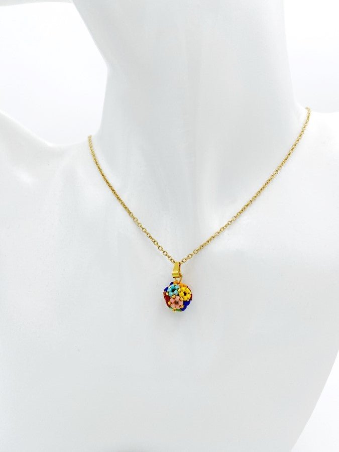 Handmade pendant "Flowerbed" is crafted from beads on gold plated chain - Ornamentico shop