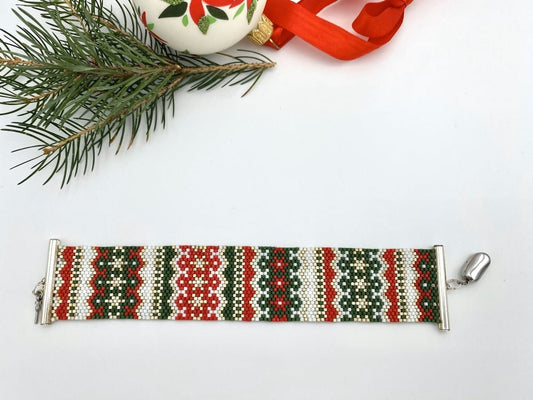 Handmade bracelet beaded from Miyuki beads featuring traditional Christmas ornaments - Ornamentico shop