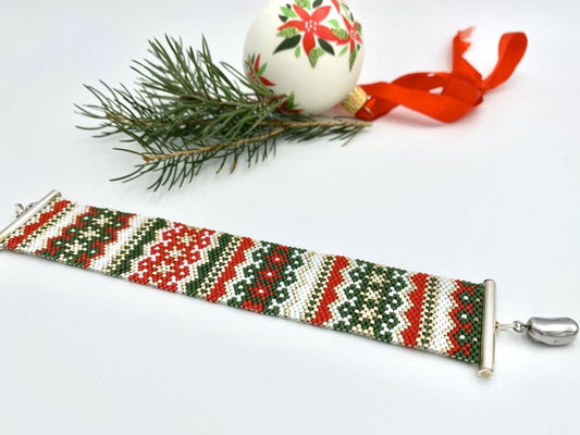 Handmade bracelet beaded from Miyuki beads featuring traditional Christmas ornaments - Ornamentico shop