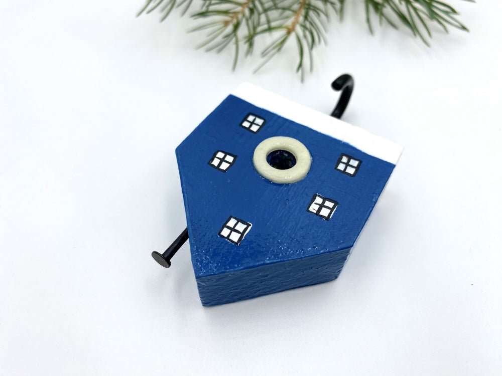 Handmade wooden wall-mounted hook in the shape of a deep blue house - Ornamentico shop