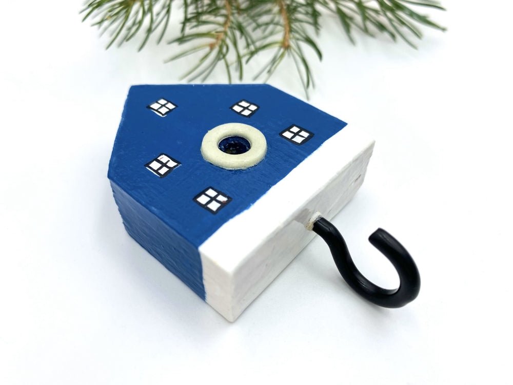 Handmade wooden wall-mounted hook in the shape of a deep blue house - Ornamentico shop