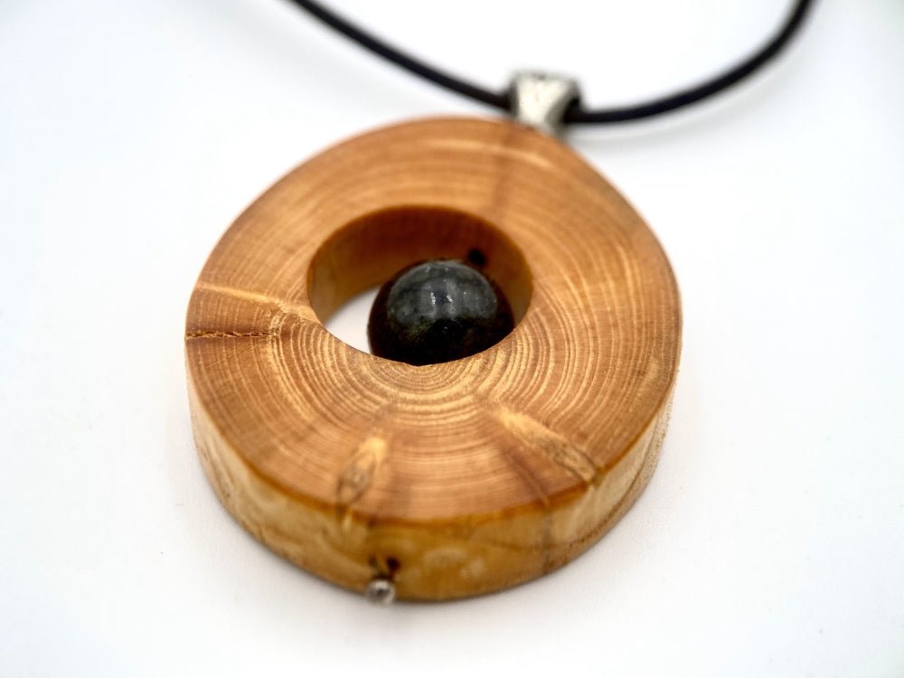 Small handmade wooden pendant with an obsidian bead - Ornamentico shop