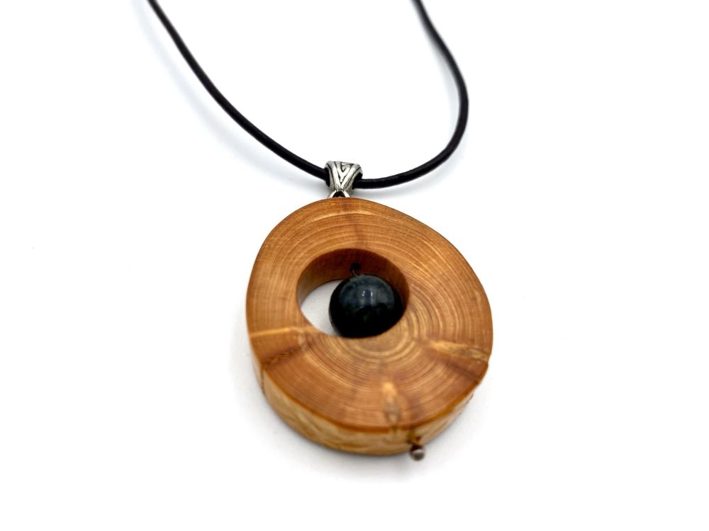 Small handmade wooden pendant with an obsidian bead - Ornamentico shop