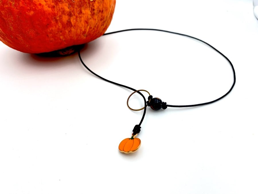 Handmade lariat wrap necklace with enameled pumpkin charm - Ornamentico shop