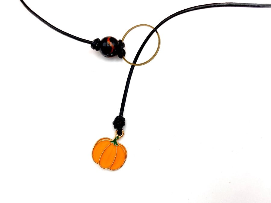 Handmade lariat wrap necklace with enameled pumpkin charm - Ornamentico shop