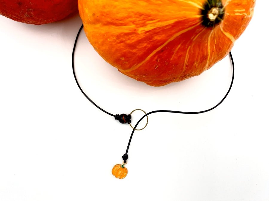 Handmade lariat wrap necklace with enameled pumpkin charm - Ornamentico shop