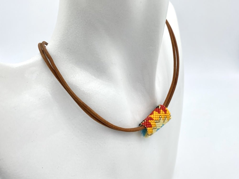 This leather necklace with beads Miyuki is hand made using Peyote stitch technique - Ornamentico shop